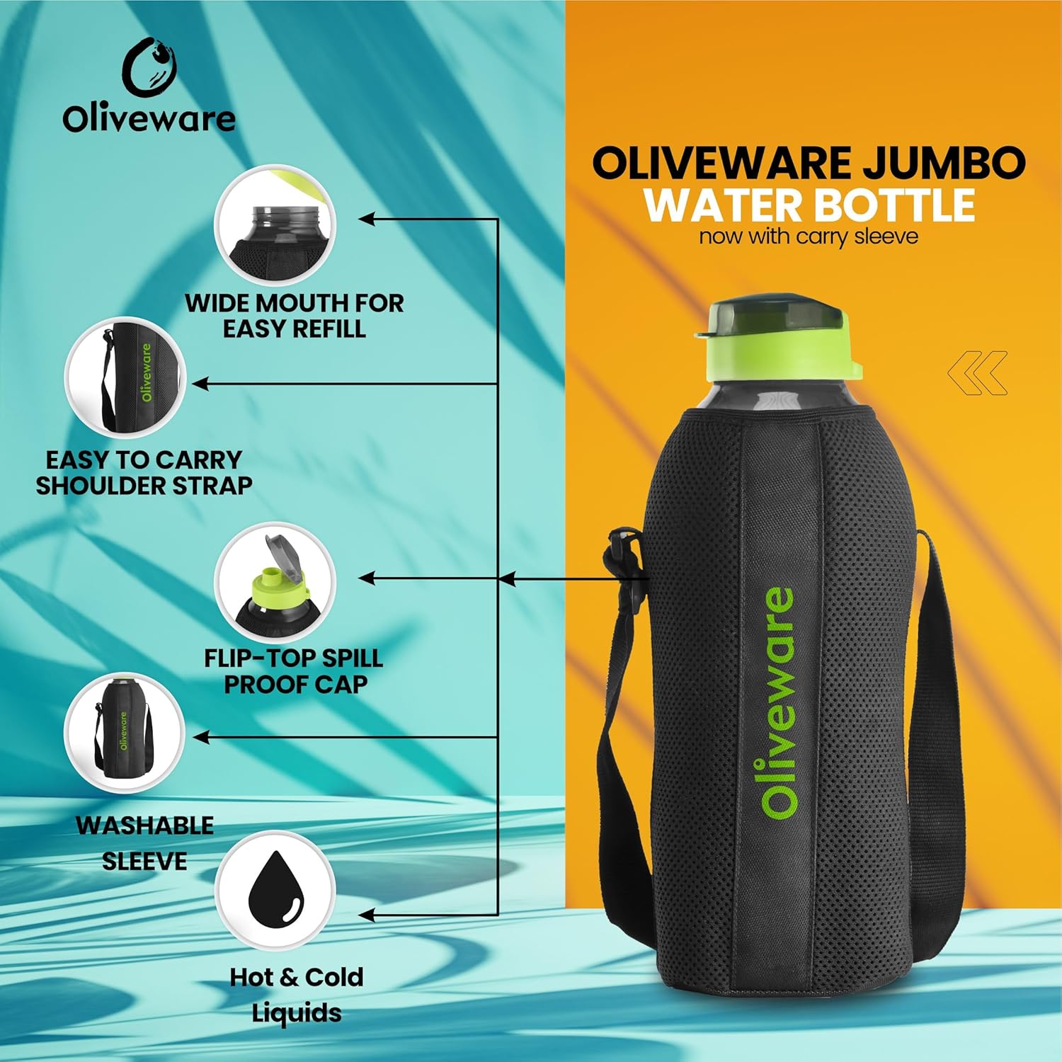 oliveware Polyethylene Terephthalate Sopl Jumbo Water Bottle With Washable Carry Sleeve, Shoulder Strap, 2 Litre Bottle, Bpa Free & Leak Proof, Fits In Fridge, Pack Of 1 (Black_Green)