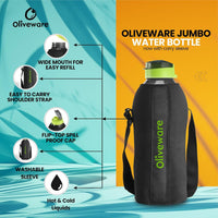 oliveware Polyethylene Terephthalate Sopl Jumbo Water Bottle With Washable Carry Sleeve, Shoulder Strap, 2 Litre Bottle, Bpa Free & Leak Proof, Fits In Fridge, Pack Of 1 (Black_Green)