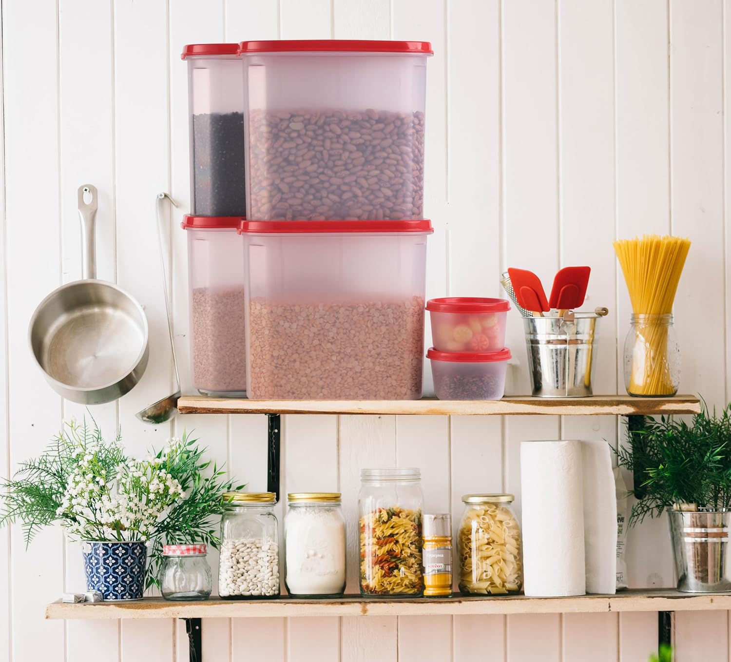 Oliveware Modular Storage Containers, BPA Free, For Pulses, Rice, Dal, Atta & Flour, Set of 6 (4x1800ml, 2x180ml) - Red