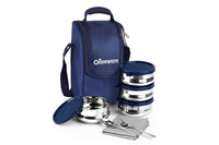SOPL-OLIVEWARE Compact Lunch Box, 100% Leak Proof, 4 Stainless Steel Containers with BPA Free Lids (450ml) Each, Napkin & Steel Cutlery, Fabric Bag - Blue