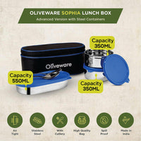 SOPL-OLIVEWARE Sophia Stainless Steel Lunch Box, Spoon & Fork, 100% Leak Proof, 3 Container with BPA Free Lid (350ml, 350ml, 550ml), Insulated Fabric Bag - Blue