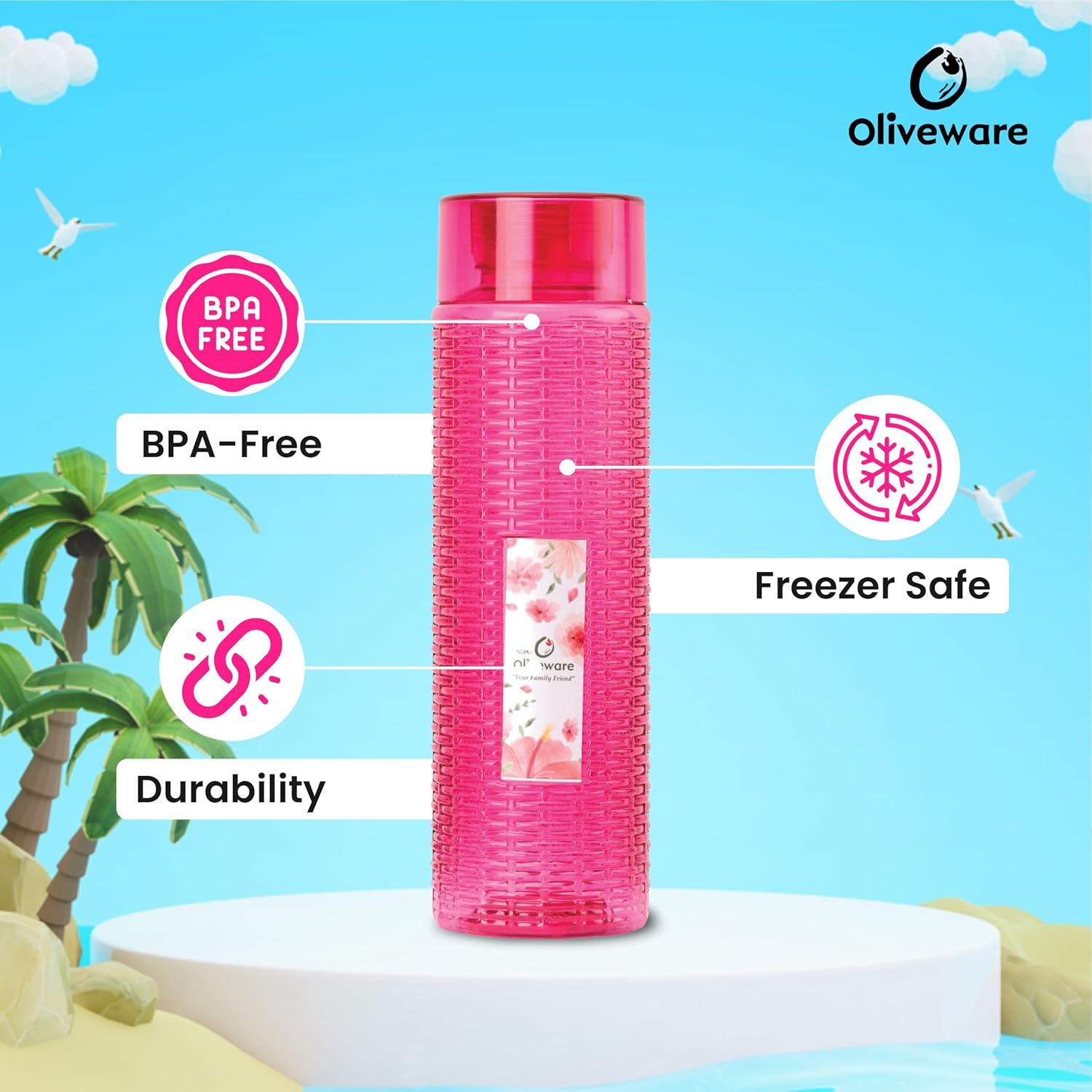 oliveware Round Water Bottle, BPA Free & 100% Leak Proof, 1 Litre Bottle, Better Grip, for Home & Office Use, Set of 3 - Pink