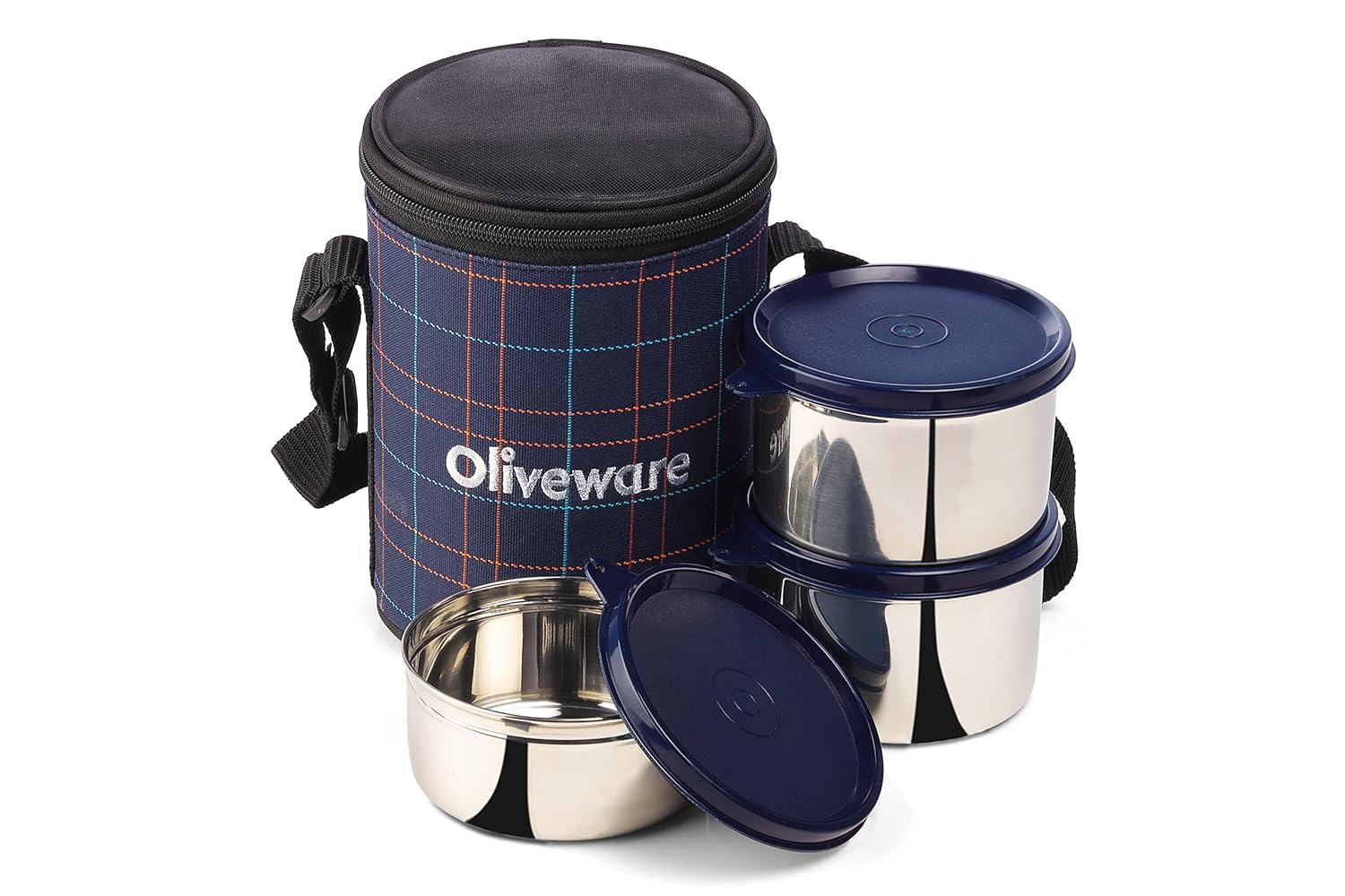 SOPL-OLIVEWARE Absolute Lunch Box, 100% Leak Proof, 3 Stainless Steel Containers with BPA Free Lids (2 * 600ml & 450ml), Fabric Bag - Blue
