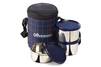 SOPL-OLIVEWARE Absolute Lunch Box, 100% Leak Proof, 3 Stainless Steel Containers with BPA Free Lids (2 * 600ml & 450ml), Fabric Bag - Blue