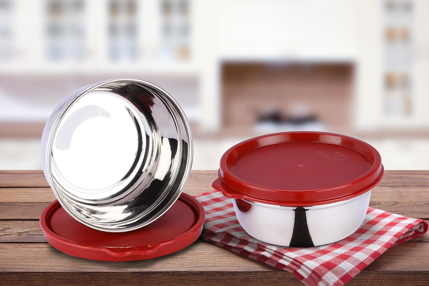 oliveware Elegant Storage Containers, 100% Leak Proof & Spill Proof, 2 Stainless Steel Containers with BPA free Airtight Lid (250 ml Each) - Red