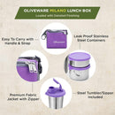 SOPL-OLIVEWARE Oliveware Milano Lunch Box, 3 Stainless Steel Containers And Sipper (300Ml, 450Ml, 600Ml & 400Ml), Steel Spoon, Leak Proof Full Meal & Easy To Carry (Purple), 450 Milliliter