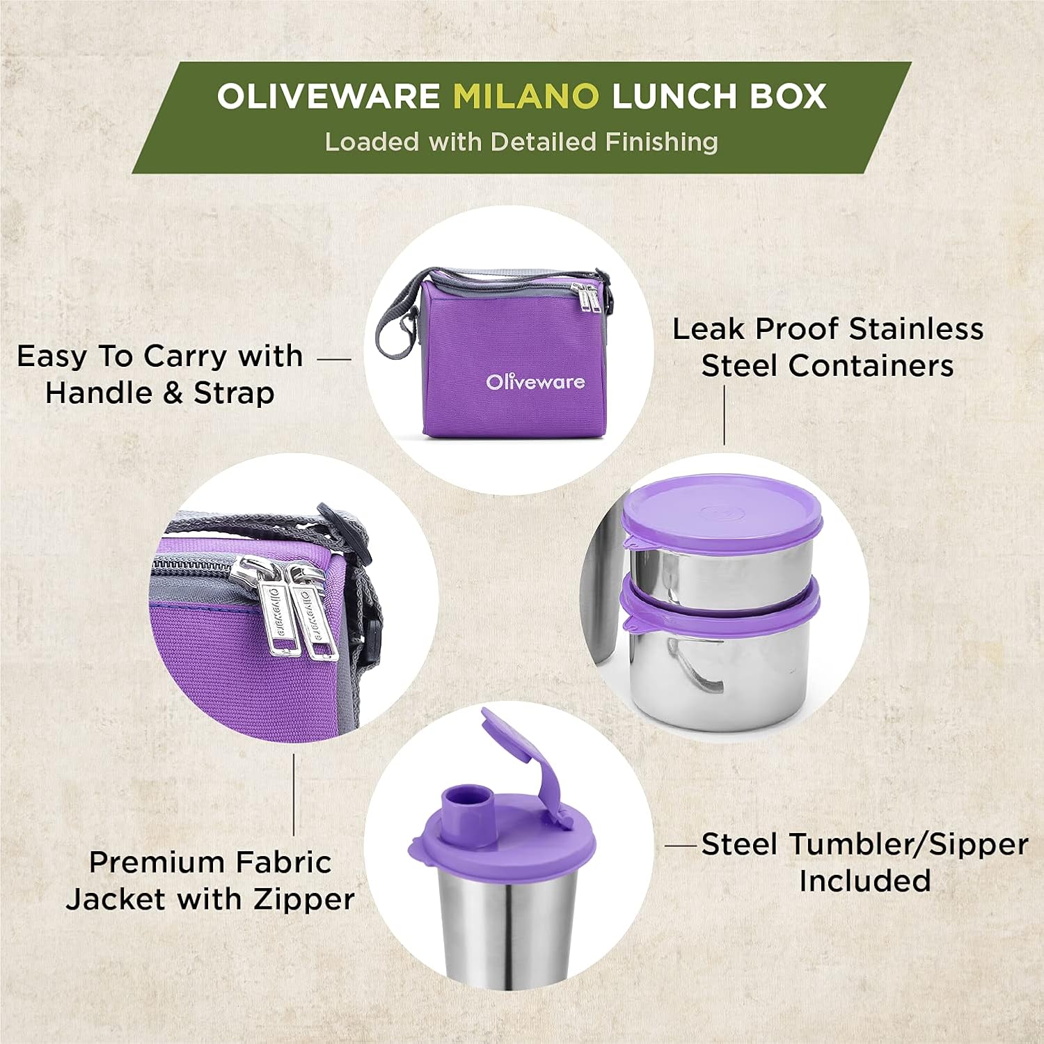 SOPL-OLIVEWARE Oliveware Milano Lunch Box, 3 Stainless Steel Containers And Sipper (300Ml, 450Ml, 600Ml & 400Ml), Steel Spoon, Leak Proof Full Meal & Easy To Carry (Purple), 450 Milliliter