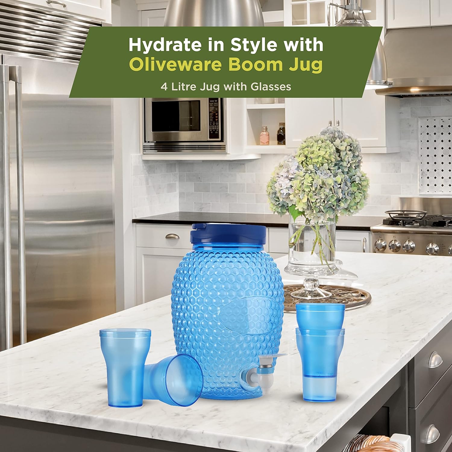 Oliveware Boom Jug | Blue | 4000 ML Capacity | with a Set of 4 Glasses | BPA Free Premium Range | for Fridge - Home & Office