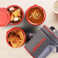 SOPL-OLIVEWARE Monarch Lunch Box, Microwave Safe & Leak Proof, 3 Inside Steel Containers with BPA Free Airtight Lids (290ml, 450ml & 450ml), Fabric Bag - Red