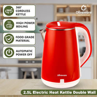 SOPL-OLIVEWARE King Electric Kettle, Stainless Steel with 2.5 Liter Capacity, 360 Degree Rotation, Heat Protection Handle, Automatic Power off, BPA Free - Red