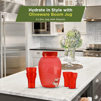 Oliveware Boom Jug | Red | 4000 ML Capacity | with a Set of 4 Glasses | BPA Free Premium Range | for Fridge - Home & Office