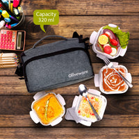 SOPL-OLIVEWARE Elite Glassware Sqaure Lunchbox, Napkin & Steel Cutlery, Borosilicate Glass & Microwave Proof, 4 Cointainer with 320ml Each - Grey