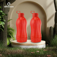 oliveware Jumbo 2 Litre Water Bottle, 100% Leak Proof, BPA Free Premium Plastic Bottle, for Home, Office & Gym, Sturdy with Holder, Pack of 2 (Red)