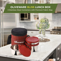 SOPL-OLIVEWARE Bliss Lunch Box, 100% Leak Proof, 3 Stainless Steel Containers with BPA Free Airtight Lids (300 ml, 450 ml, 600 ml), Fabric Bag - Red