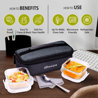 SOPL-OLIVEWARE Prism Borosilicate Glassware Square Lunchbox, Microwave Proof, Napkin & Steel Spoon, Set of 2 with 320ml Each - Grey