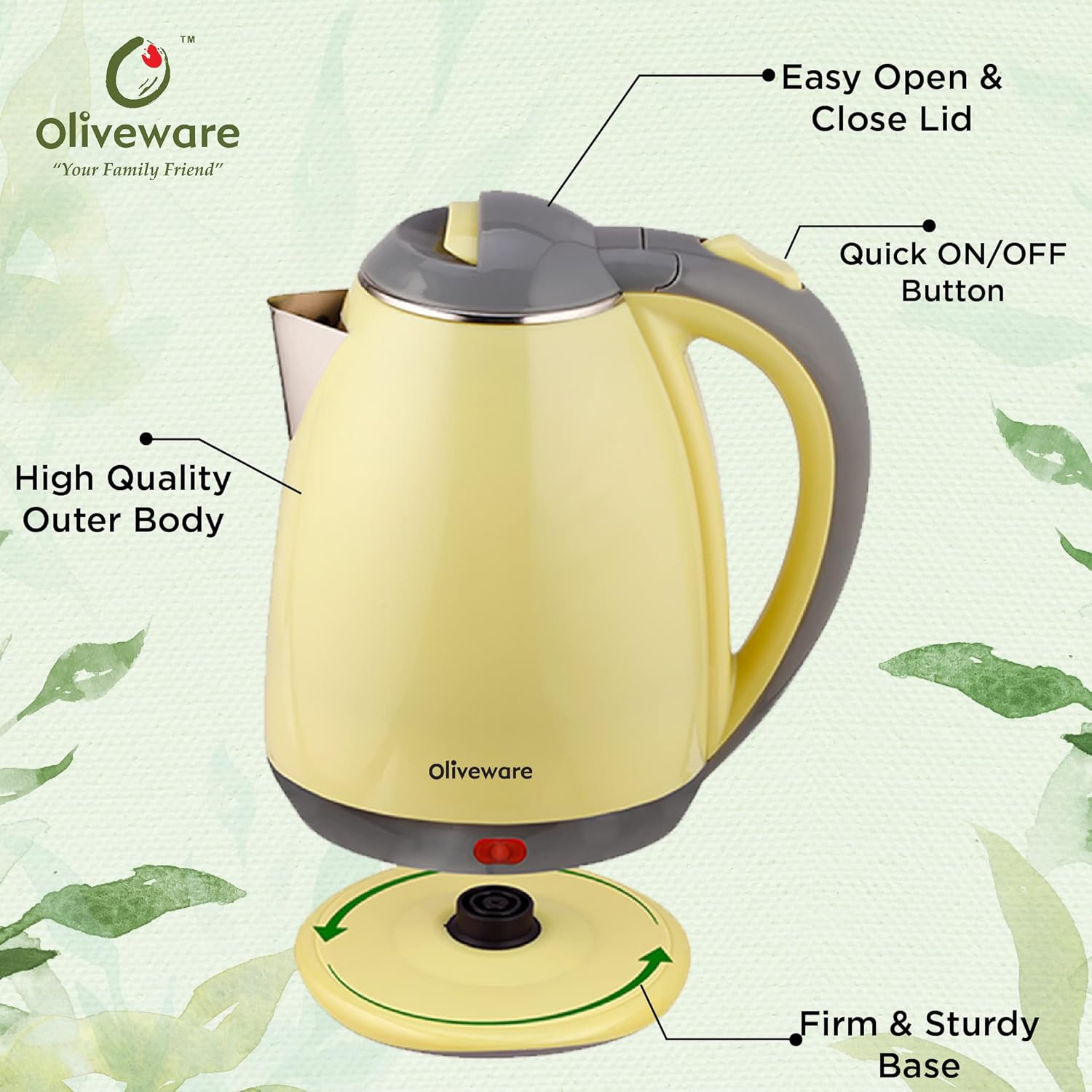 Elegant Electric Kettle by Oliveware, 1.8 Litre, 360 degree Rotation, Heat Protection Handle, Automatic Power off - (Green, 1800 ml)