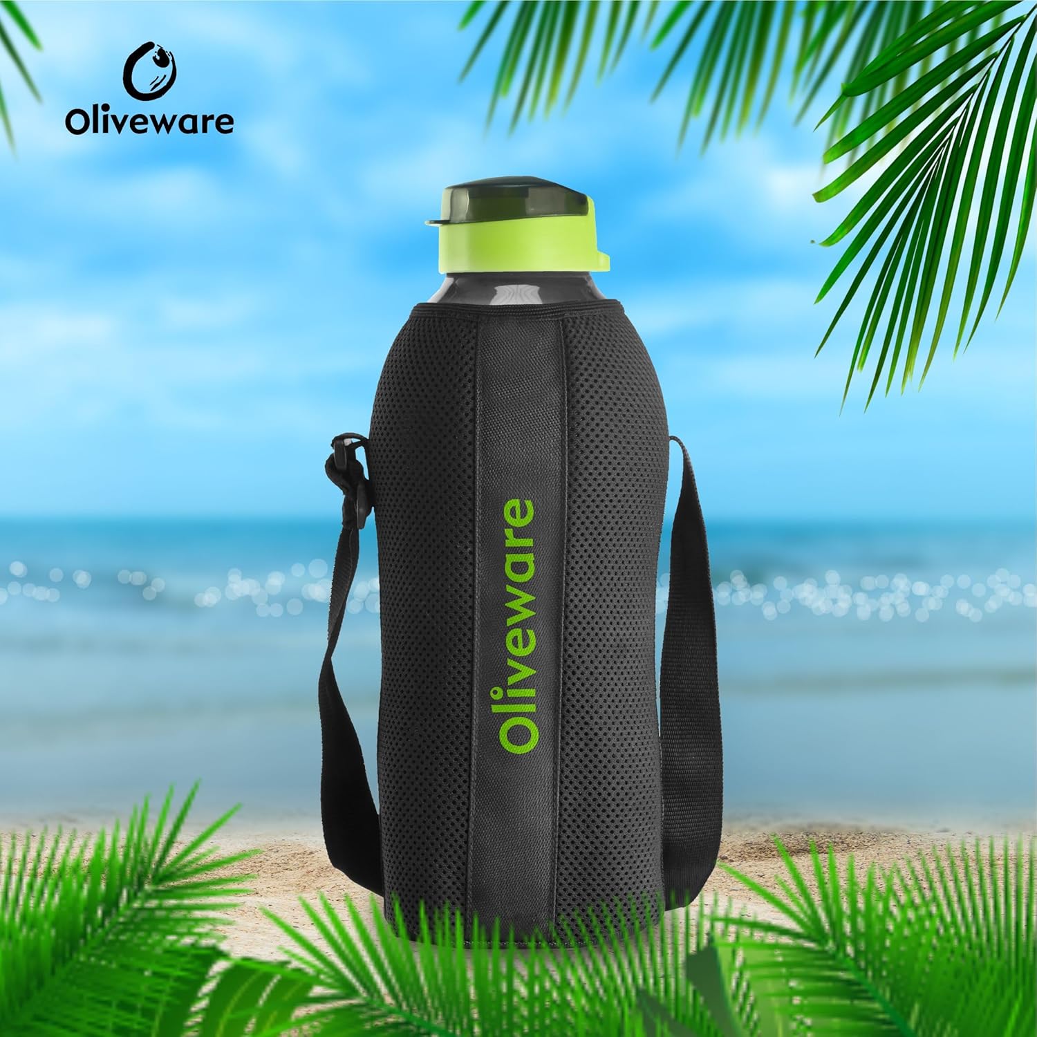oliveware Polyethylene Terephthalate Sopl Jumbo Water Bottle With Washable Carry Sleeve, Shoulder Strap, 2 Litre Bottle, Bpa Free & Leak Proof, Fits In Fridge, Pack Of 1 (Black_Green)