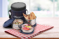 SOPL-OLIVEWARE Absolute Lunch Box, 100% Leak Proof, 3 Stainless Steel Containers with BPA Free Lids (2 * 600ml & 450ml), Fabric Bag - Blue