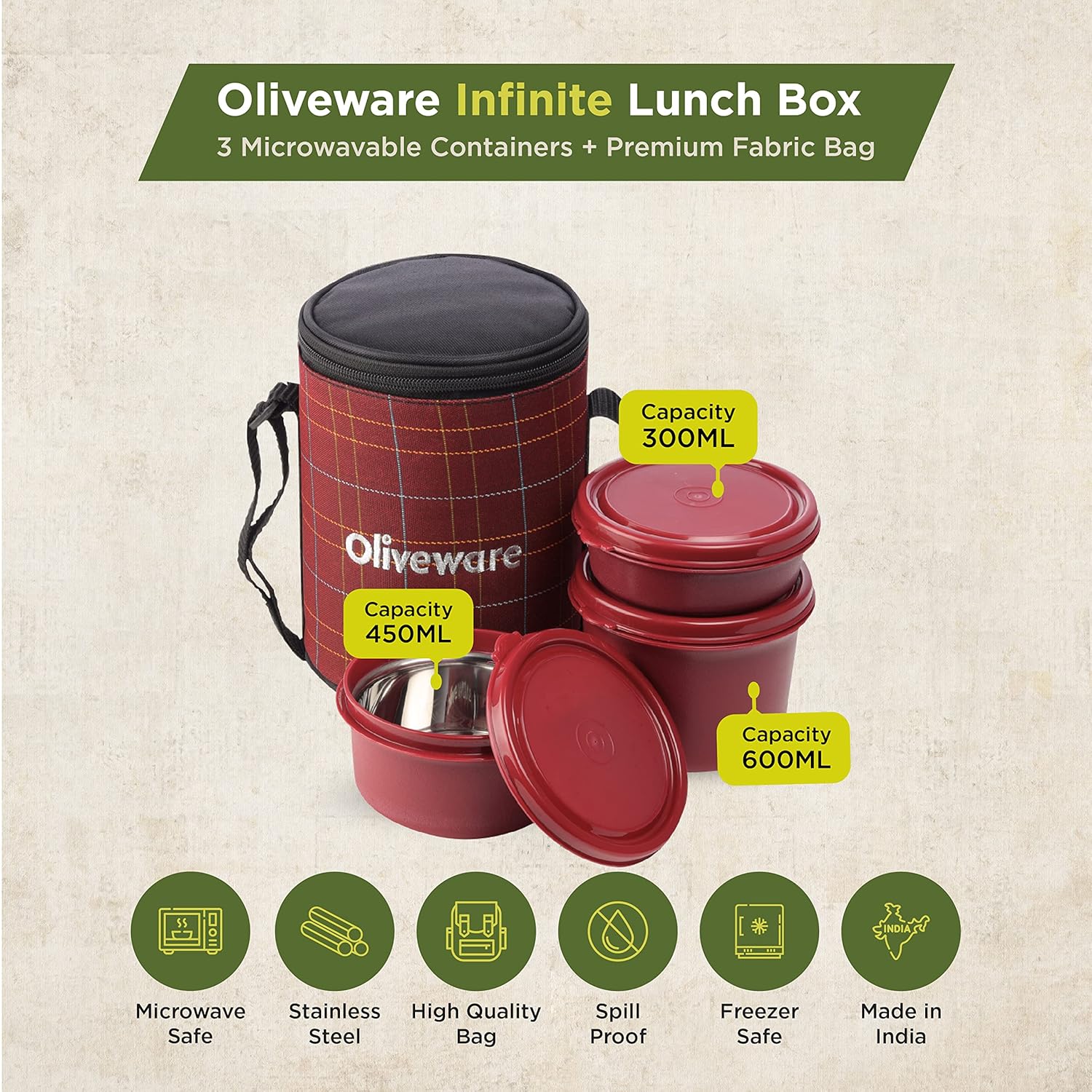 SOPL-OLIVEWARE Infinite Lunch Box, Microwave Safe & Leak Proof, 3 Inside Steel Containers with BPA Free Airtight Lids (290ml, 450ml & 600ml), Fabric Bag - Red