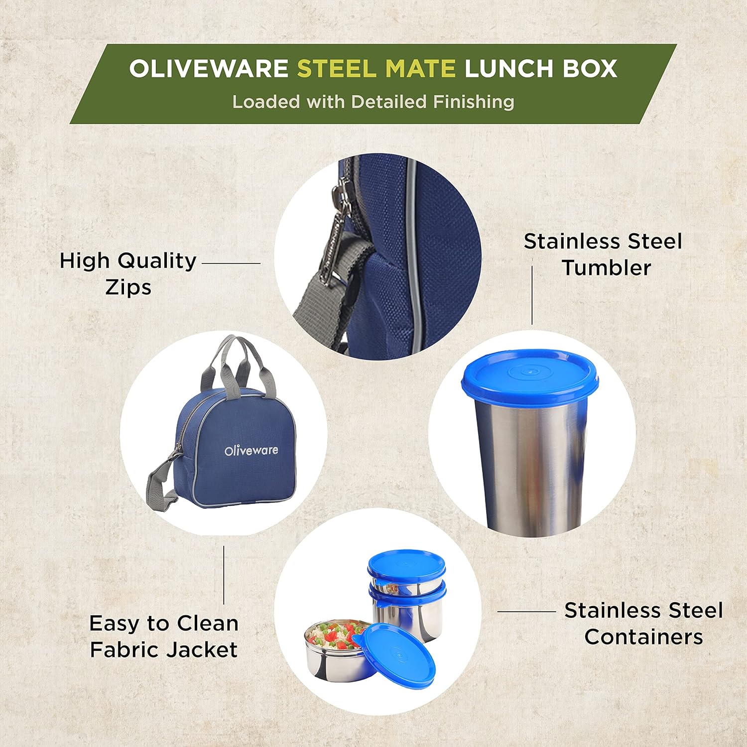 SOPL-OLIVEWARE Steel Mate Lunch Box, Leak Proof, 3 Stainless Steel containers with BPA Free Lids (300ml, 400ml & 535ml), Steel Tumbler (375ml), Fabric Bag - Blue