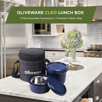 SOPL-OLIVEWARE Cleo Lunch Box, Microwave Safe & Leak Proof, 2 Inside Steel Containers with BPA Free Airtight Lids (450ml & 600ml), with Fabric Bag - Blue