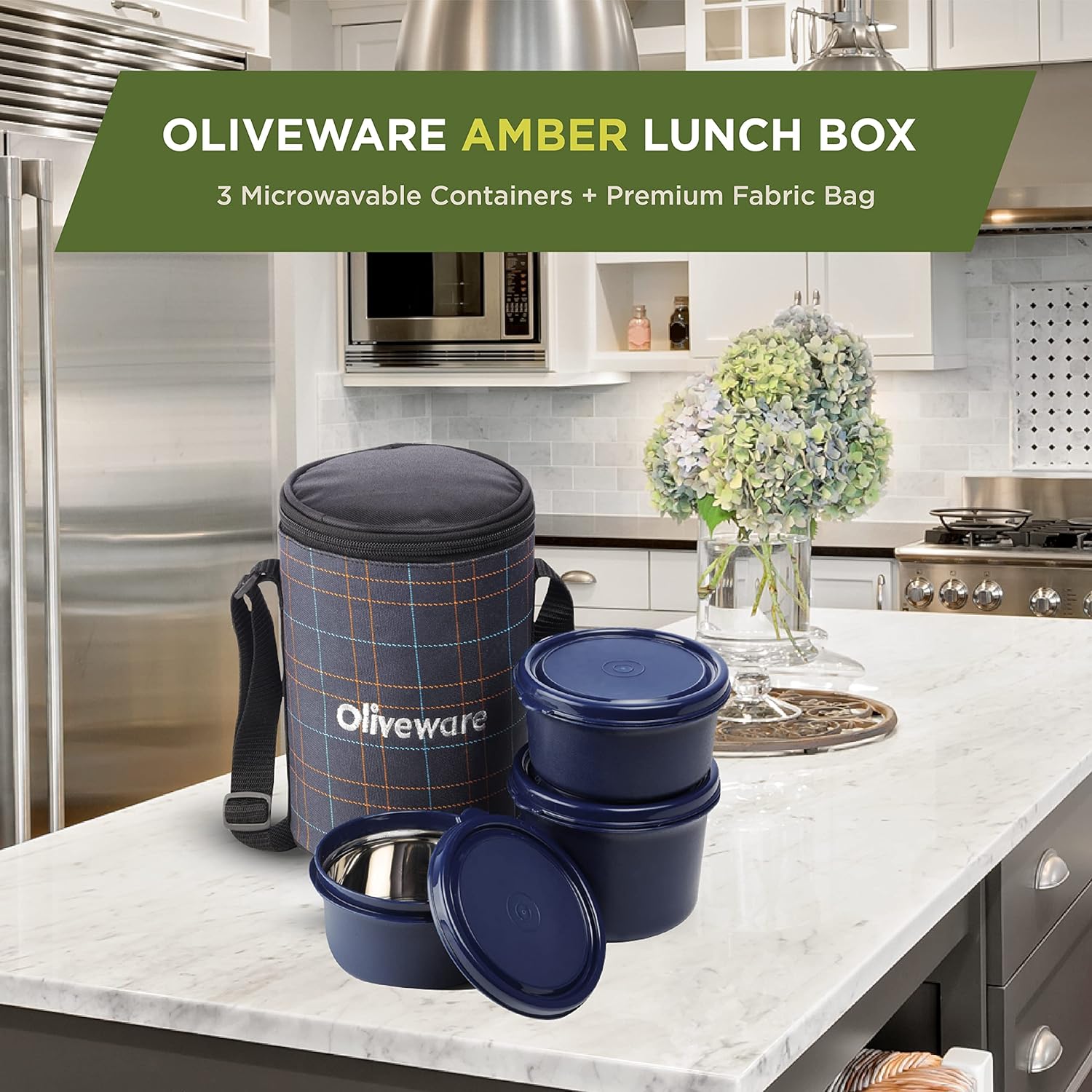 SOPL-OLIVEWARE Amber Lunch Box, Microwave Safe & Leak Proof, 3 Inside Steel Containers with BPA Free Lids (2 * 450ml & 600ml), Fabric Bag - Blue