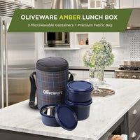 SOPL-OLIVEWARE Amber Lunch Box, Microwave Safe & Leak Proof, 3 Inside Steel Containers with BPA Free Lids (2 * 450ml & 600ml), Fabric Bag - Blue