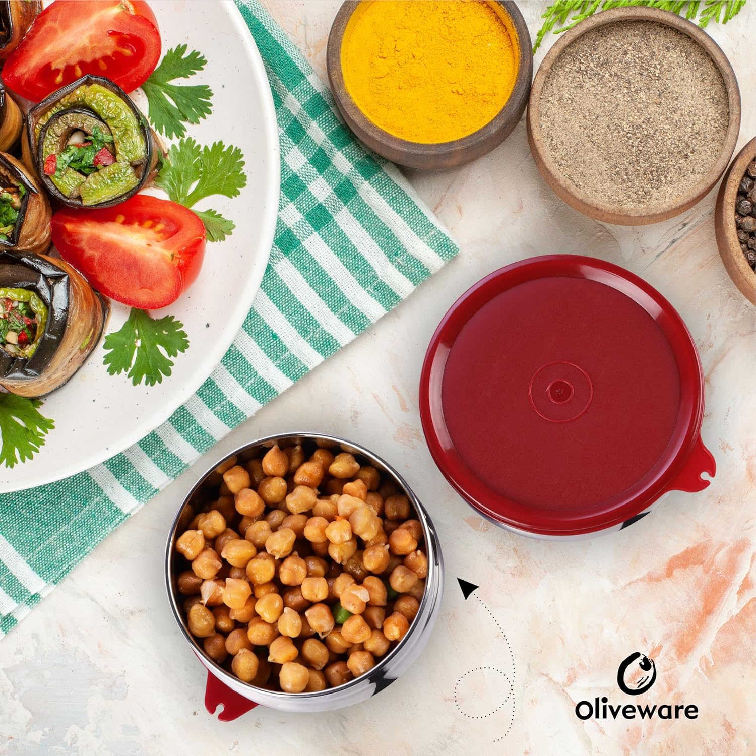 oliveware SOPL (logo) with Device Wonder Stainless Steel Containers, Leak Proof & Spill Proof, Dishwasher Safe, Set of 2 (450ml) Each - Red