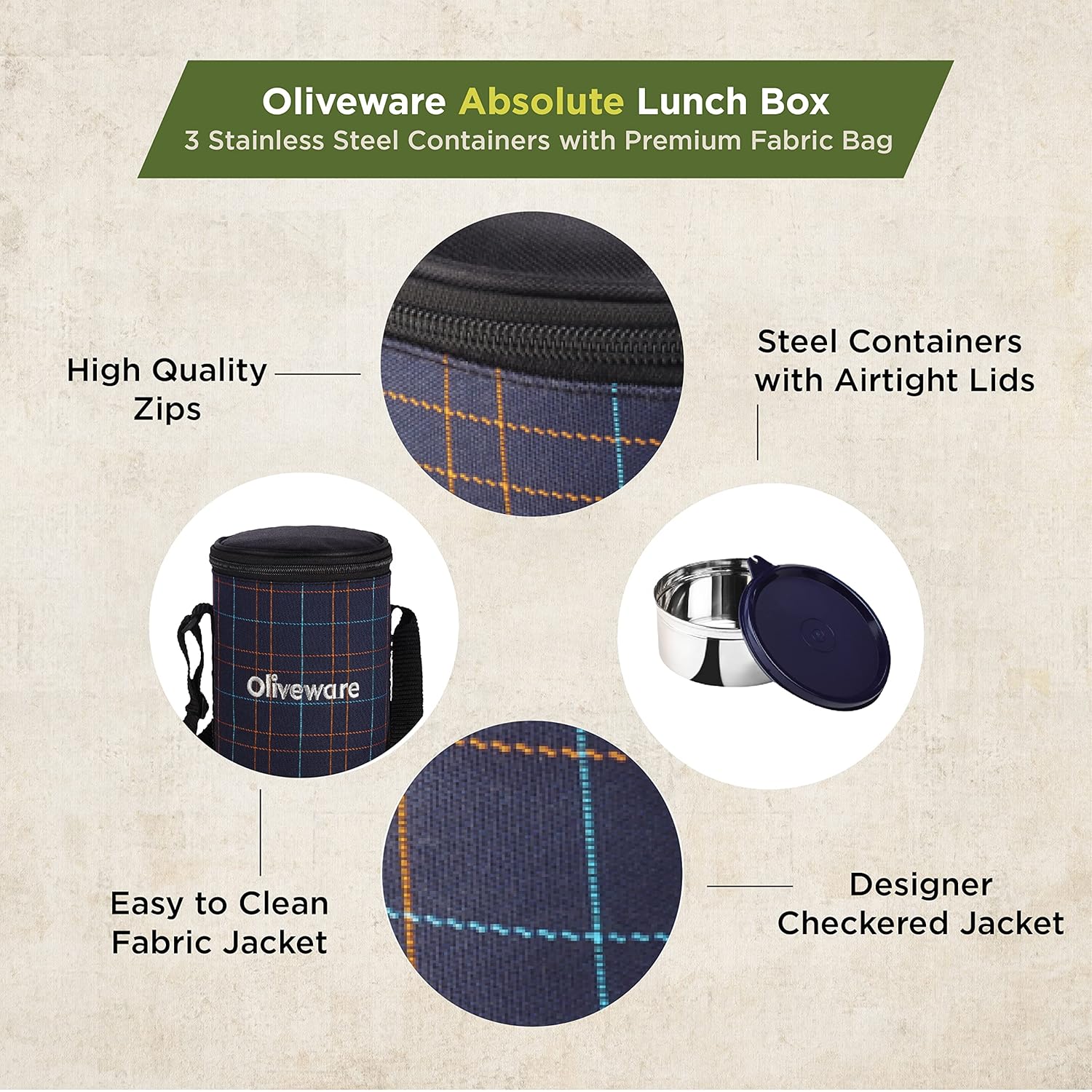 SOPL-OLIVEWARE Absolute Lunch Box, 100% Leak Proof, 3 Stainless Steel Containers with BPA Free Lids (2 * 600ml & 450ml), Fabric Bag - Blue
