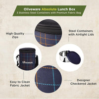 SOPL-OLIVEWARE Absolute Lunch Box, 100% Leak Proof, 3 Stainless Steel Containers with BPA Free Lids (2 * 600ml & 450ml), Fabric Bag - Blue
