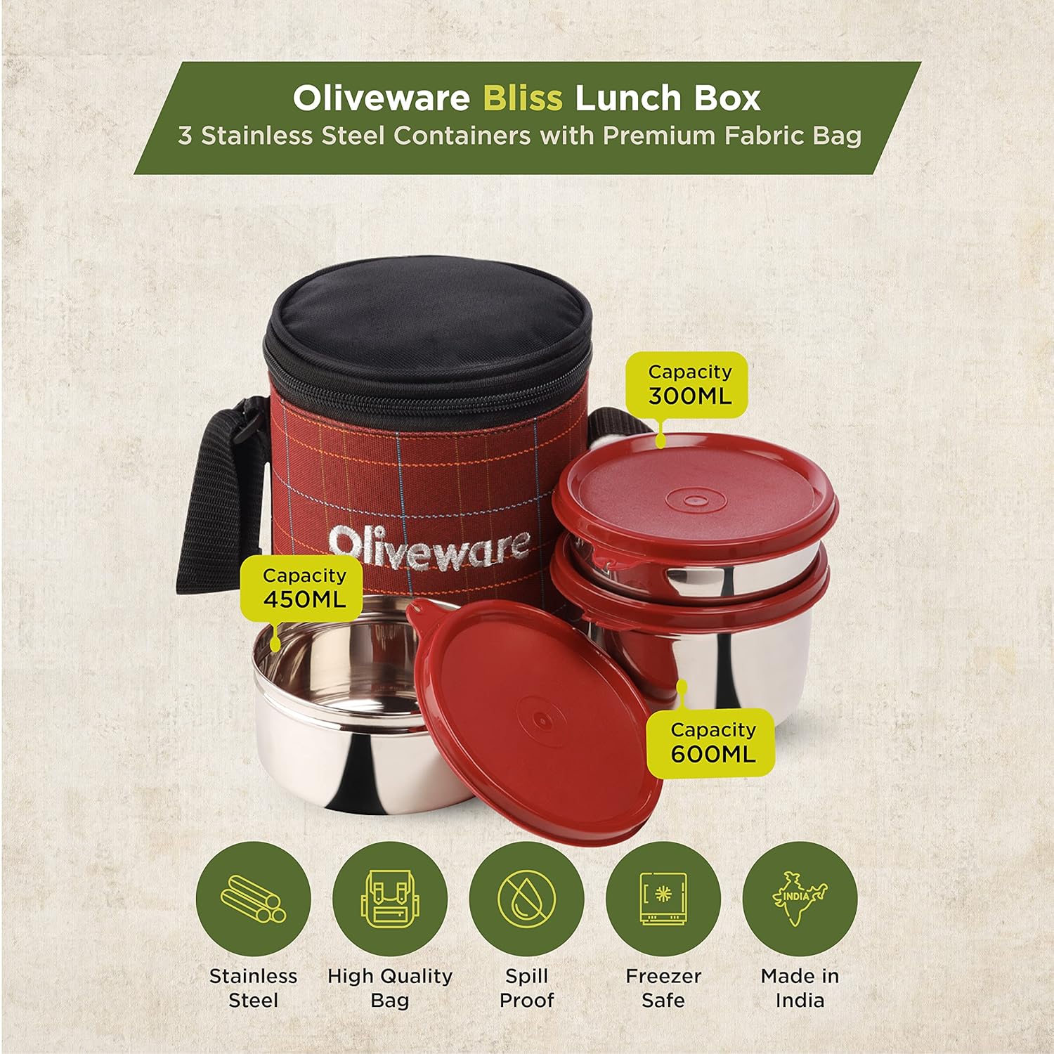 SOPL-OLIVEWARE Bliss Lunch Box, 100% Leak Proof, 3 Stainless Steel Containers with BPA Free Airtight Lids (300 ml, 450 ml, 600 ml), Fabric Bag - Red