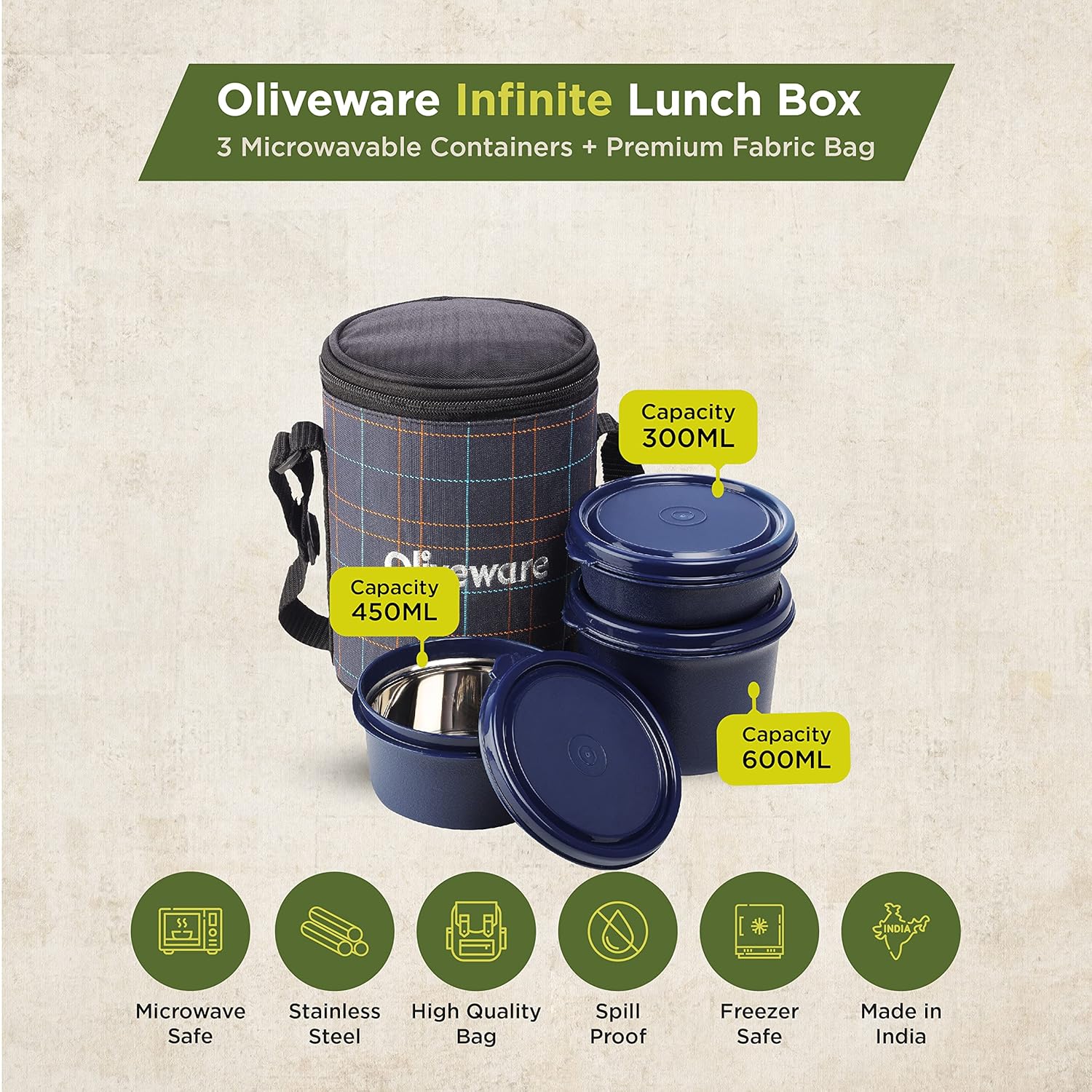 SOPL-OLIVEWARE Infinite Lunch Box, Microwave Safe & Leak Proof, 3 Inside Steel Containers with BPA Free Lids (290ml, 450ml & 600ml), Fabric Bag - Blue