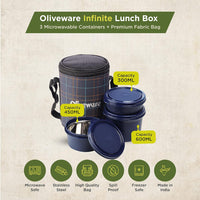 SOPL-OLIVEWARE Infinite Lunch Box, Microwave Safe & Leak Proof, 3 Inside Steel Containers with BPA Free Lids (290ml, 450ml & 600ml), Fabric Bag - Blue