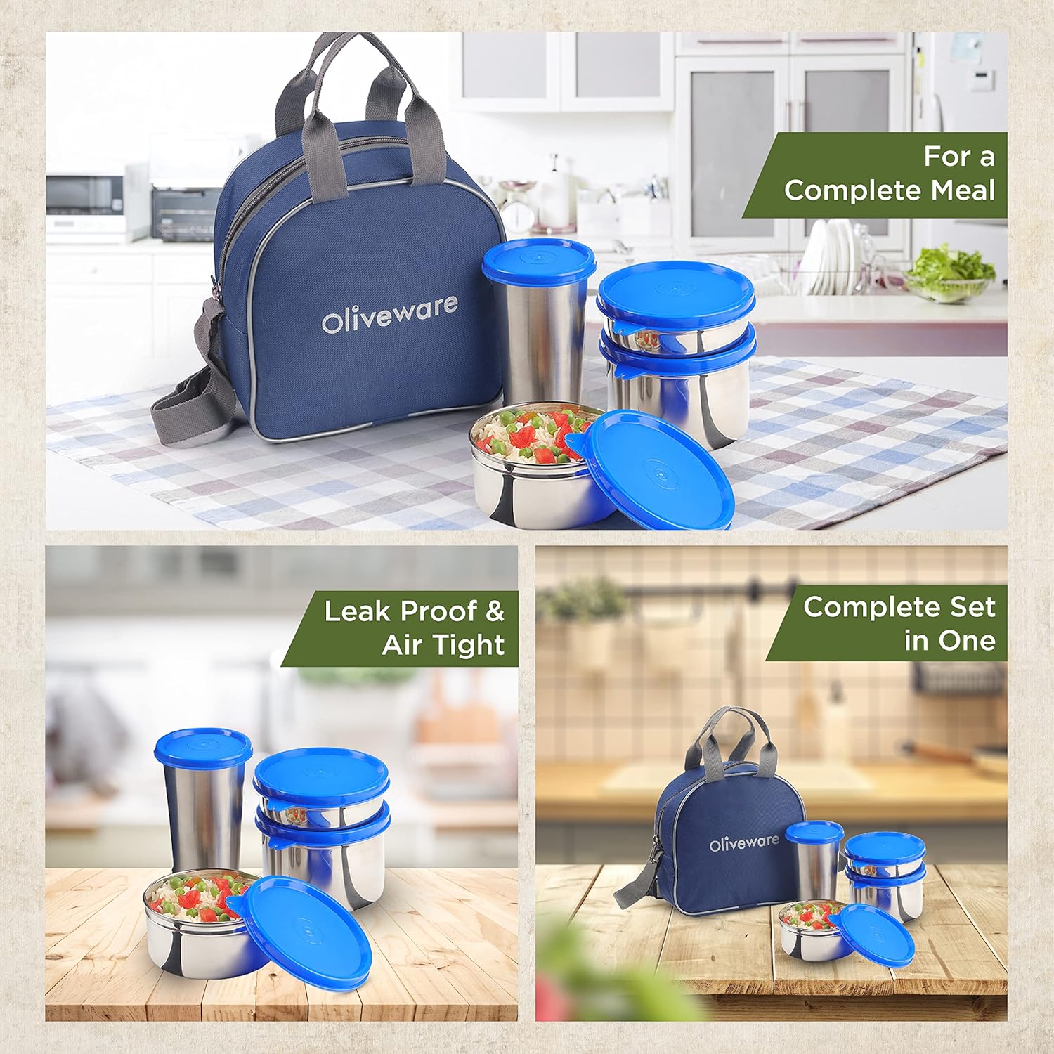 SOPL-OLIVEWARE Steel Mate Lunch Box, Leak Proof, 3 Stainless Steel containers with BPA Free Lids (300ml, 400ml & 535ml), Steel Tumbler (375ml), Fabric Bag - Blue