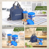 SOPL-OLIVEWARE Steel Mate Lunch Box, Leak Proof, 3 Stainless Steel containers with BPA Free Lids (300ml, 400ml & 535ml), Steel Tumbler (375ml), Fabric Bag - Blue