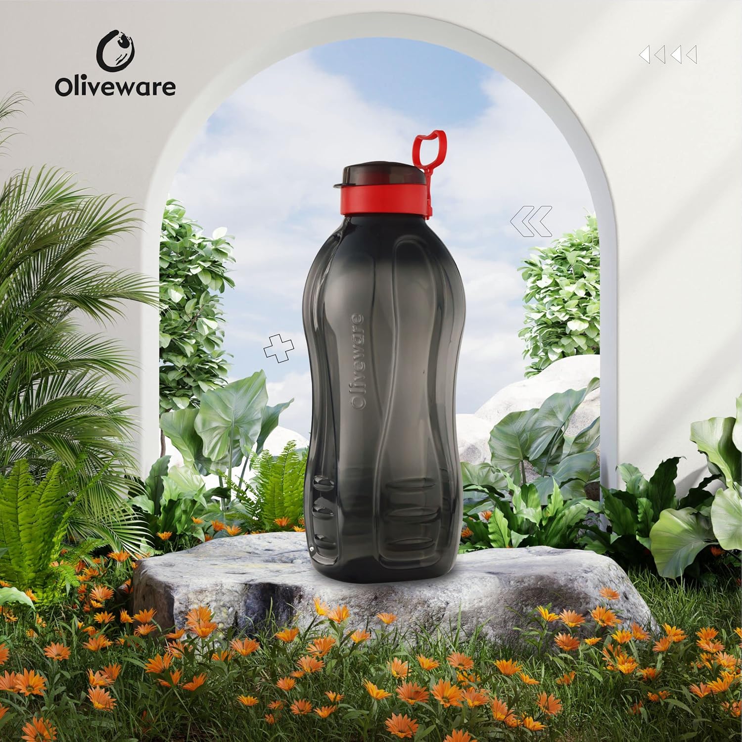 oliveware Jumbo 2 Litre Water Bottle, 100% Leak Proof, BPA Free Premium Plastic Bottle, for Home & Office, Sturdy with Holder, Pack of 1 - (Black_Red)