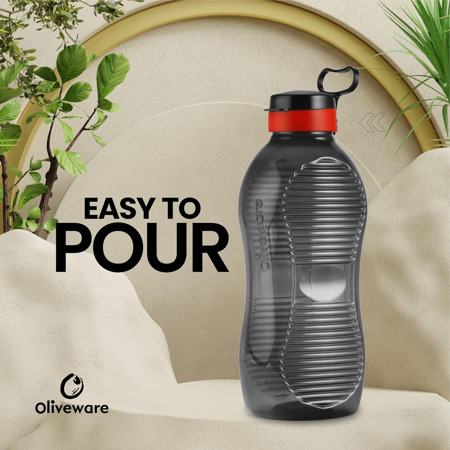 Oliveware King 2 Litre Water Bottle | For Home, Office & Gym | 2000 ML Jumbo Size | Sturdy with Holder | BPA Free Premium Bottle | Best Big 2L Bottle - Black Red (Plastic)