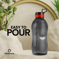 Oliveware King 2 Litre Water Bottle | For Home, Office & Gym | 2000 ML Jumbo Size | Sturdy with Holder | BPA Free Premium Bottle | Best Big 2L Bottle - Black Red (Plastic)