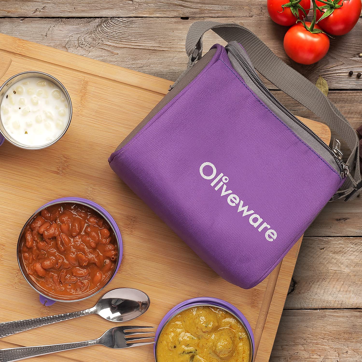 SOPL-OLIVEWARE Oliveware Milano Lunch Box, 3 Stainless Steel Containers And Sipper (300Ml, 450Ml, 600Ml & 400Ml), Steel Spoon, Leak Proof Full Meal & Easy To Carry (Purple), 450 Milliliter