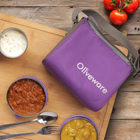 SOPL-OLIVEWARE Oliveware Milano Lunch Box, 3 Stainless Steel Containers And Sipper (300Ml, 450Ml, 600Ml & 400Ml), Steel Spoon, Leak Proof Full Meal & Easy To Carry (Purple), 450 Milliliter