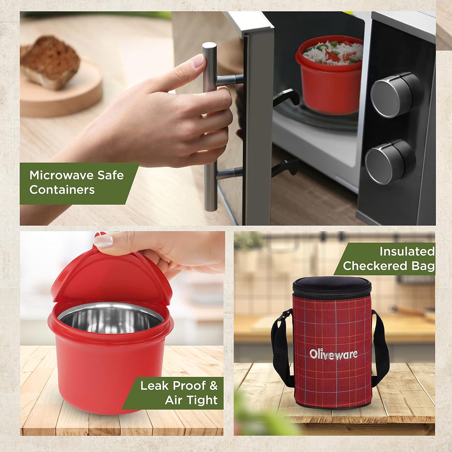 SOPL-OLIVEWARE Amber Lunch Box, Microwave Safe & Leak Proof, 3 Inside Steel Containers with BPA Free Lids (2 * 450ml & 600ml), Fabric Bag - Red