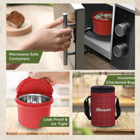 SOPL-OLIVEWARE Amber Lunch Box, Microwave Safe & Leak Proof, 3 Inside Steel Containers with BPA Free Lids (2 * 450ml & 600ml), Fabric Bag - Red