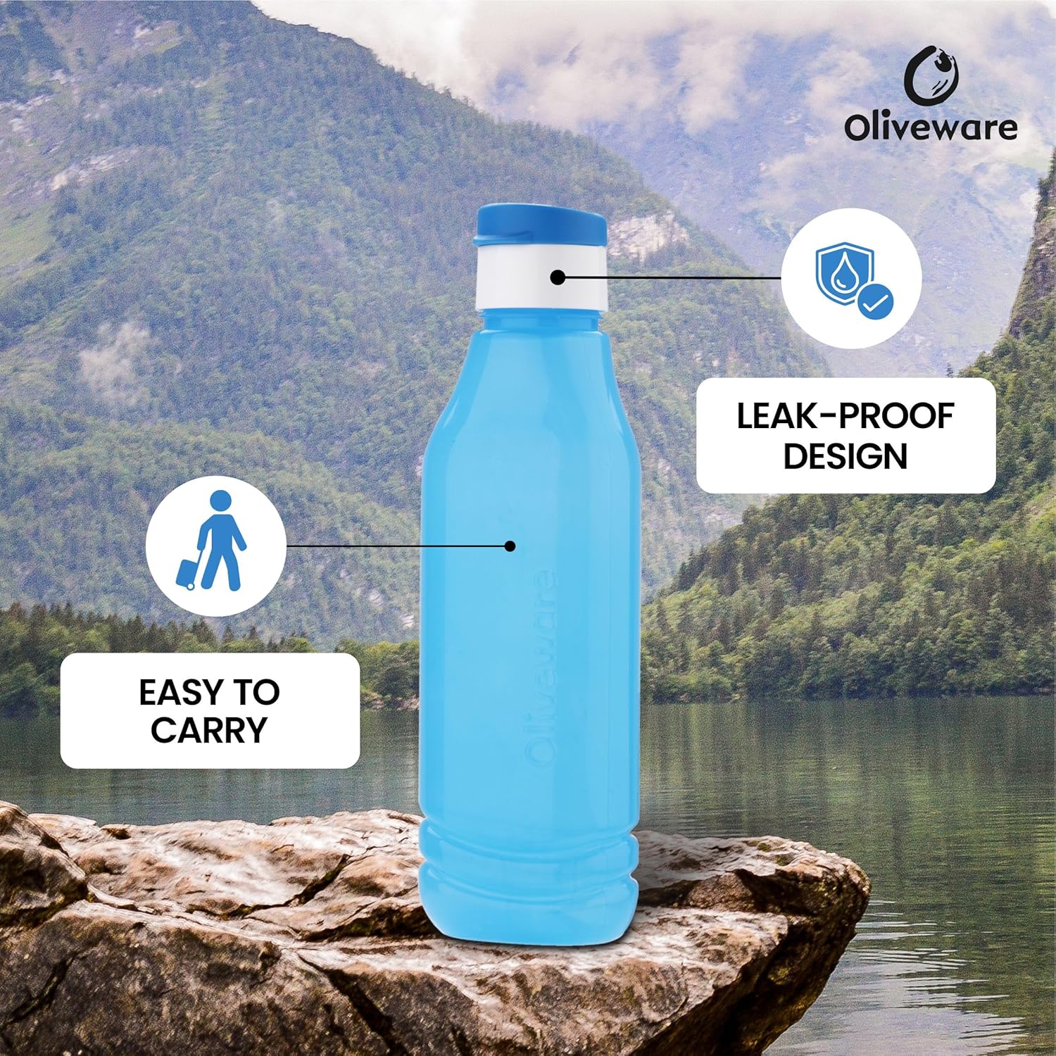 oliveware Triangular Range Premium PET Water Bottle, BPA Free & Leak Proof, 1 Litre Bottle, Better Grip, for Home & Office Use, Set of 3 (Blue)
