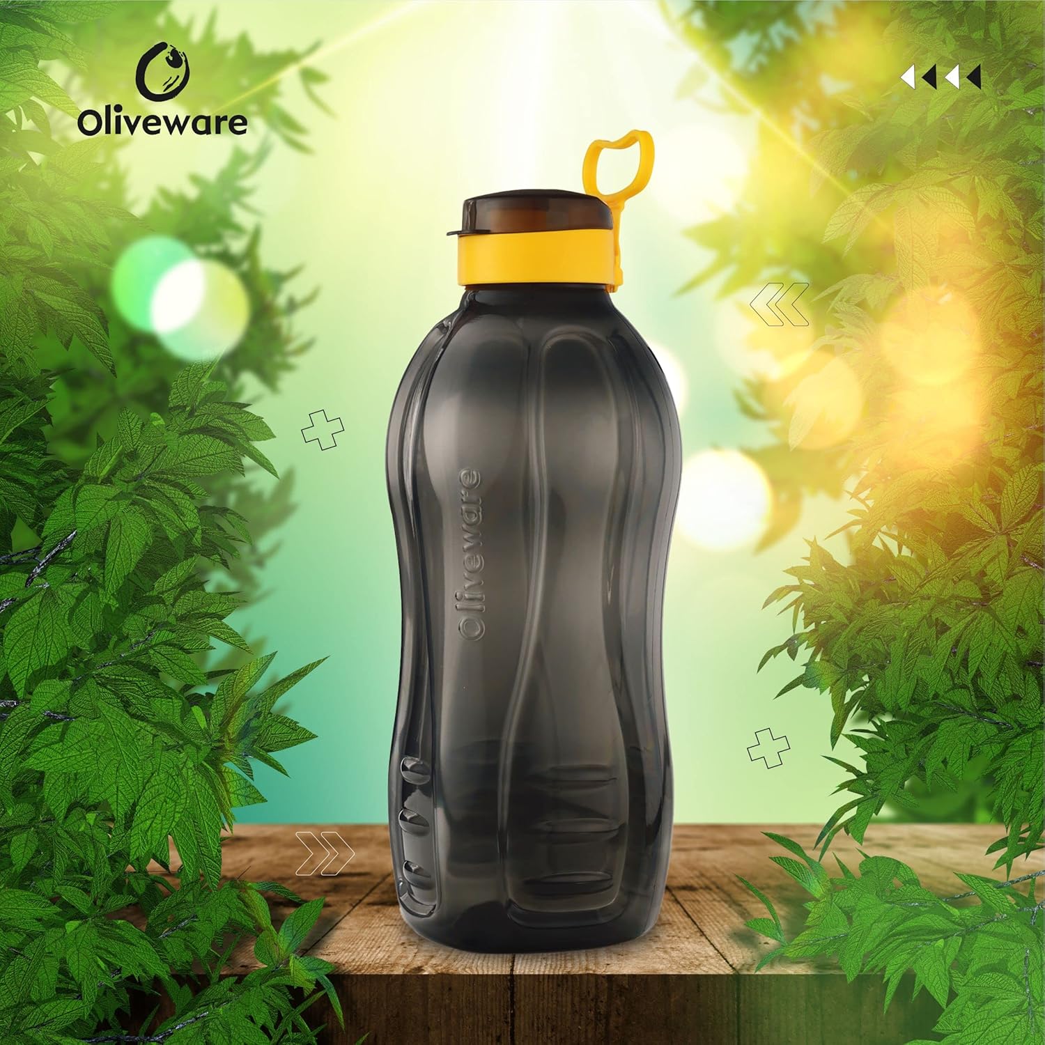 oliveware Jumbo 2 Litre Water Bottle | for Home, Office & Gym | Sturdy with Holder | 100% Leak Proof | BPA Free Premium Plastic Bottle- Pack of 1 (Black_Yellow)