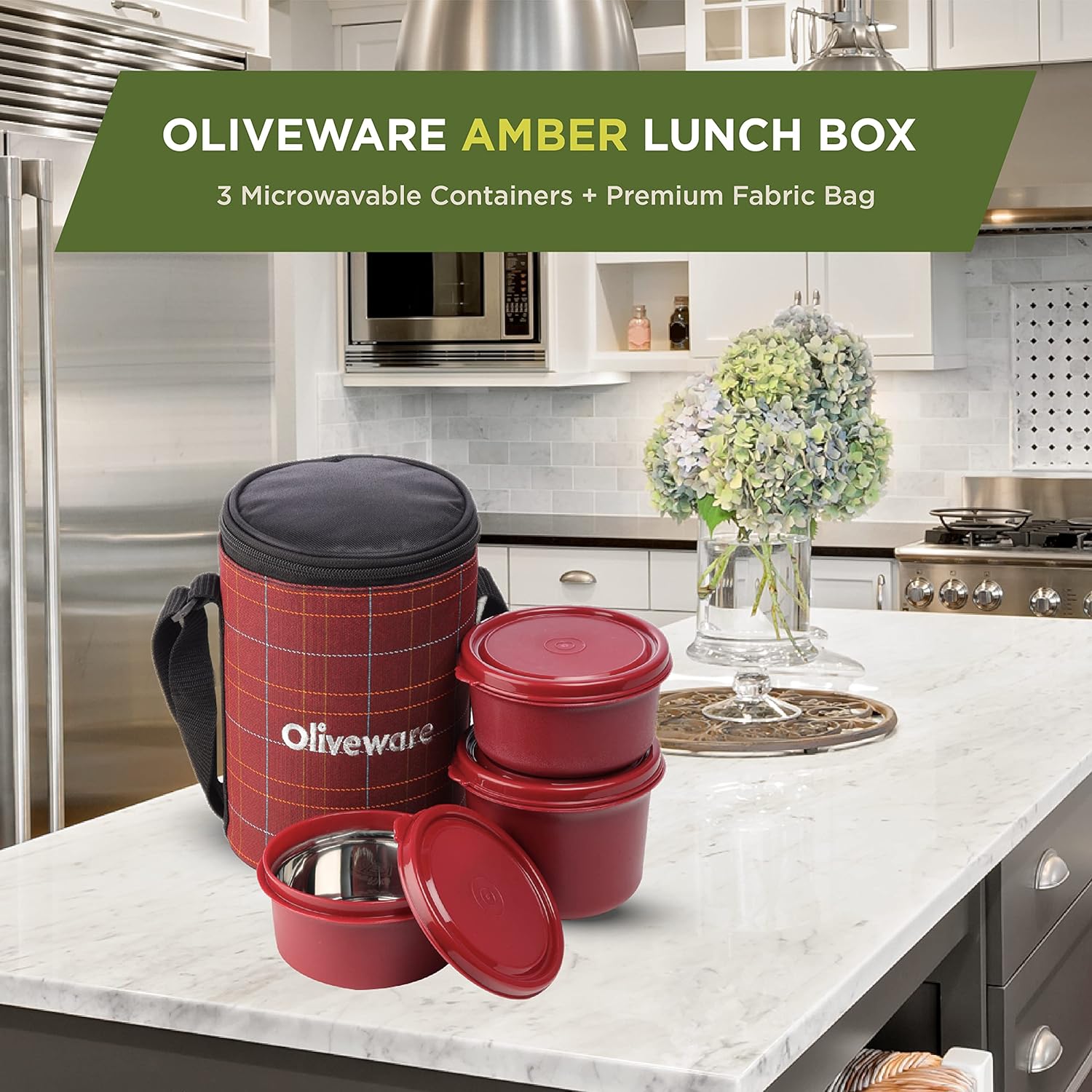 SOPL-OLIVEWARE Amber Lunch Box, Microwave Safe & Leak Proof, 3 Inside Steel Containers with BPA Free Lids (2 * 450ml & 600ml), Fabric Bag - Red