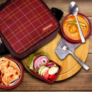 Oliveware Octavia Lunchbox, Microwave Safe, 2 Inside Steel containers (2x450ml), Plastic Pickle Box (130ml), Steel Bottle (450ml), Steel Cutlery & Napkin, Fabric Bag - Red