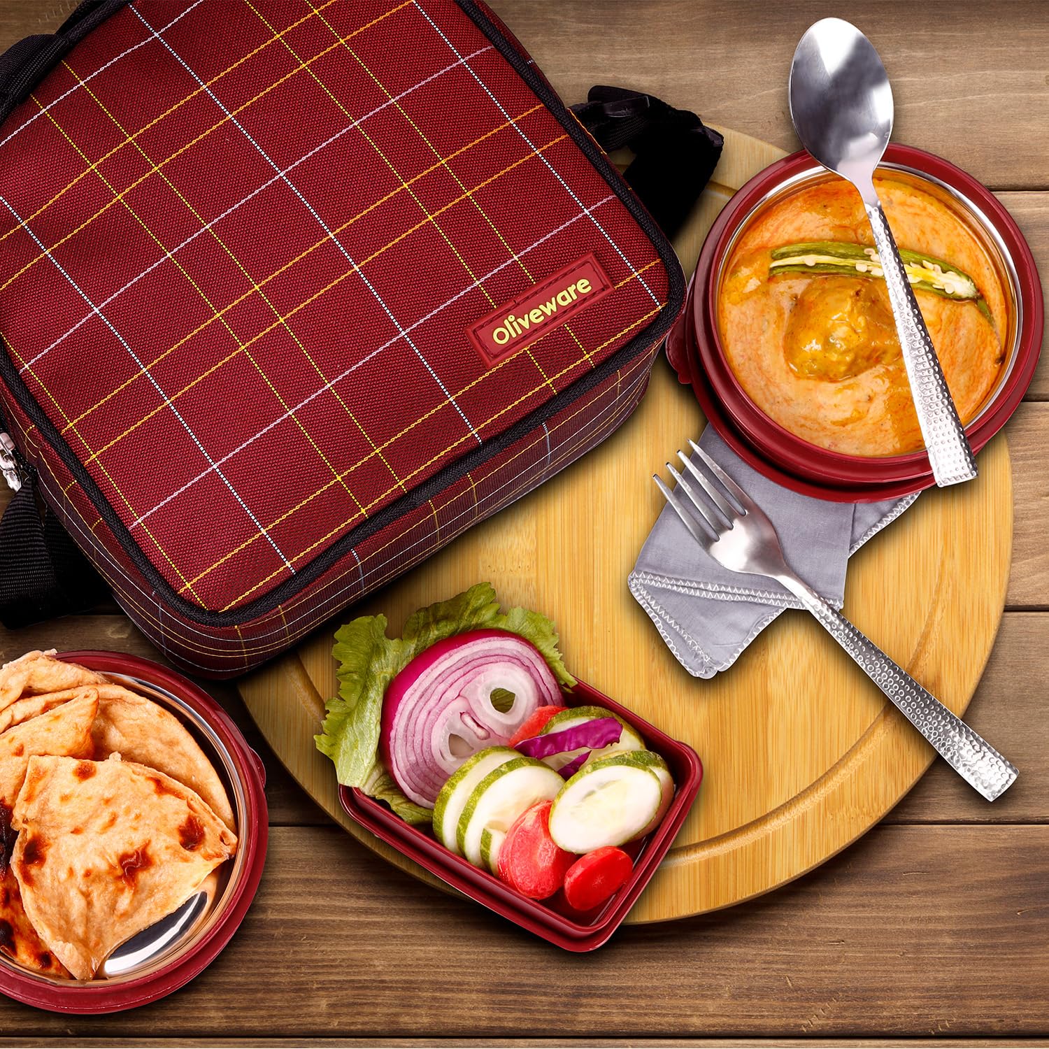 Oliveware Octavia Lunchbox, Microwave Safe, 2 Inside Steel containers (2x450ml), Plastic Pickle Box (130ml), Steel Bottle (450ml), Steel Cutlery & Napkin, Fabric Bag - Red