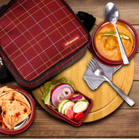 Oliveware Octavia Lunchbox, Microwave Safe, 2 Inside Steel containers (2x450ml), Plastic Pickle Box (130ml), Steel Bottle (450ml), Steel Cutlery & Napkin, Fabric Bag - Red