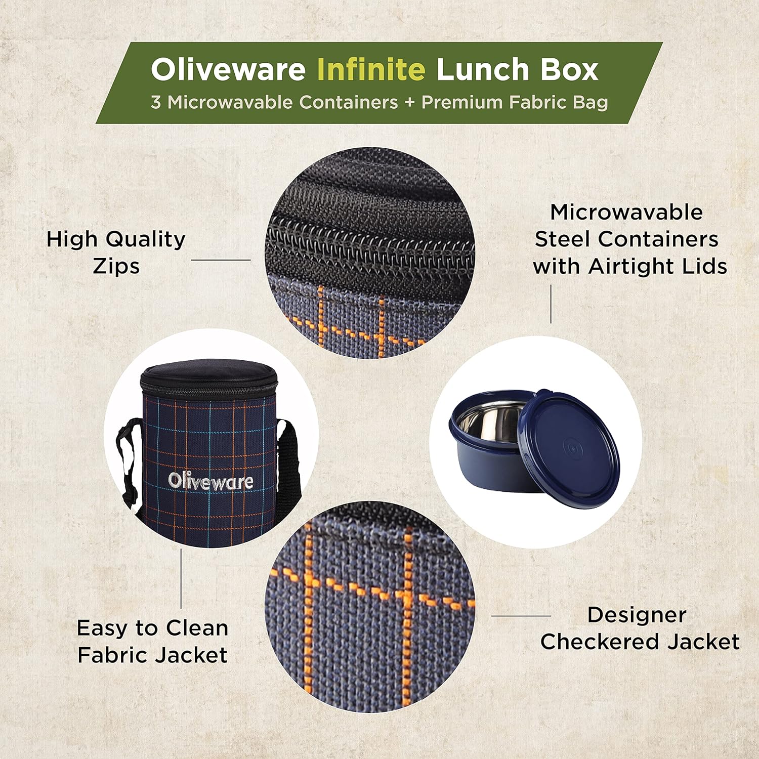 SOPL-OLIVEWARE Infinite Lunch Box, Microwave Safe & Leak Proof, 3 Inside Steel Containers with BPA Free Lids (290ml, 450ml & 600ml), Fabric Bag - Blue