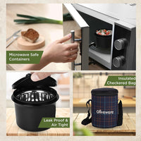 SOPL-OLIVEWARE Infinite Lunch Box, Microwave Safe & Leak Proof, 3 Inside Steel Containers with BPA Free Lids (290ml, 450ml & 600ml), Fabric Bag - Blue